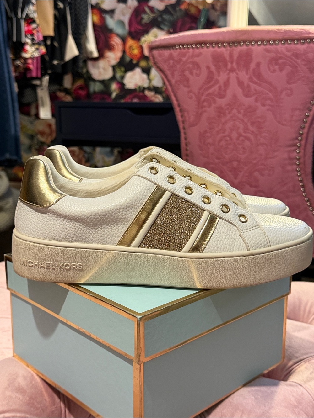 Michael Kors White Sneakers with Gold Glitter Accents